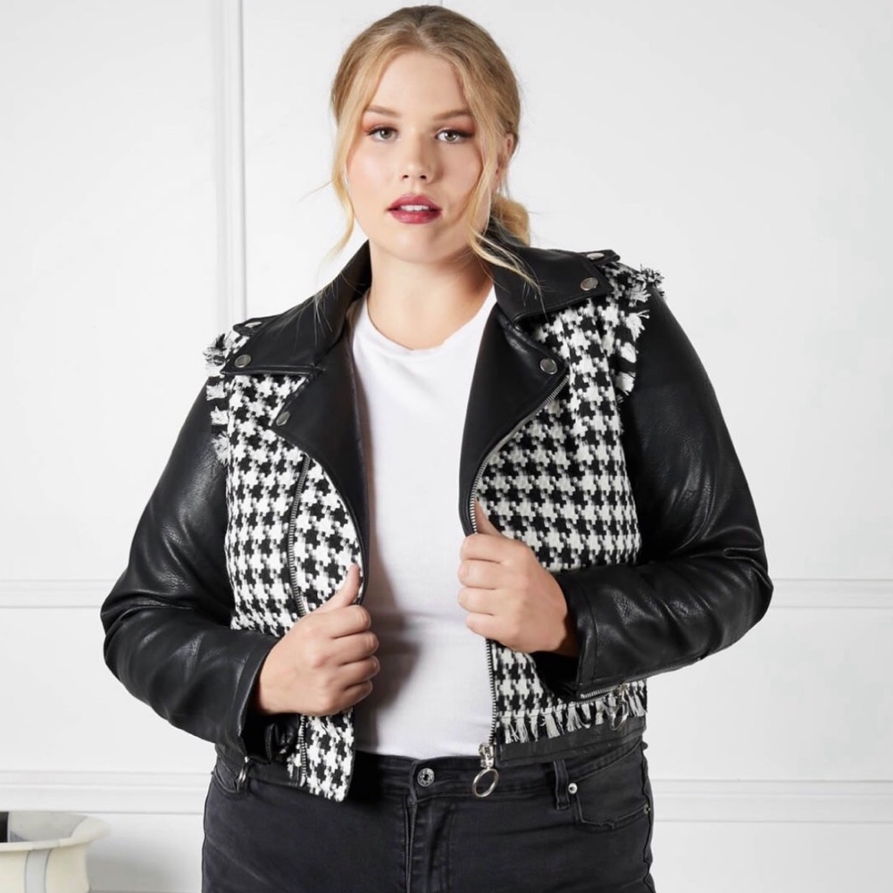 NWT-SONCY houndstooth frayed faux leather jacket